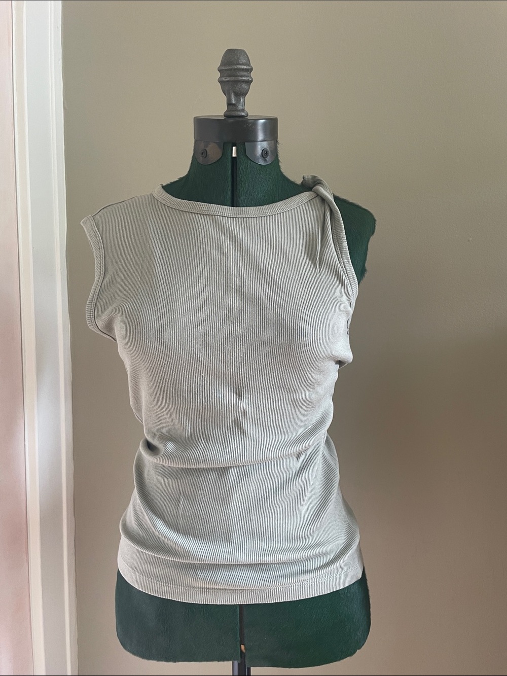 Topshop Twist Shoulder Ribbed Tank Top in Sage Green small